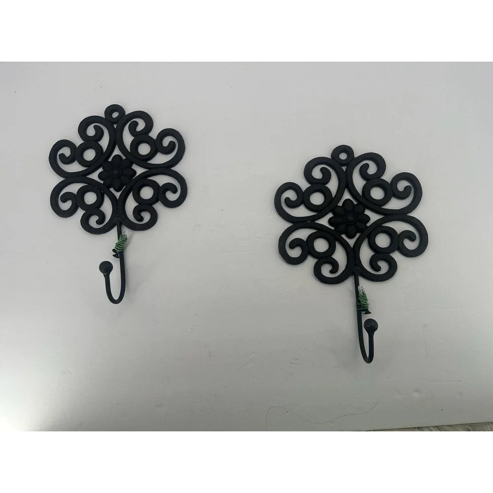 Indoor Outdoor Black Metal Scrollwork Wall Hanger Set of 2